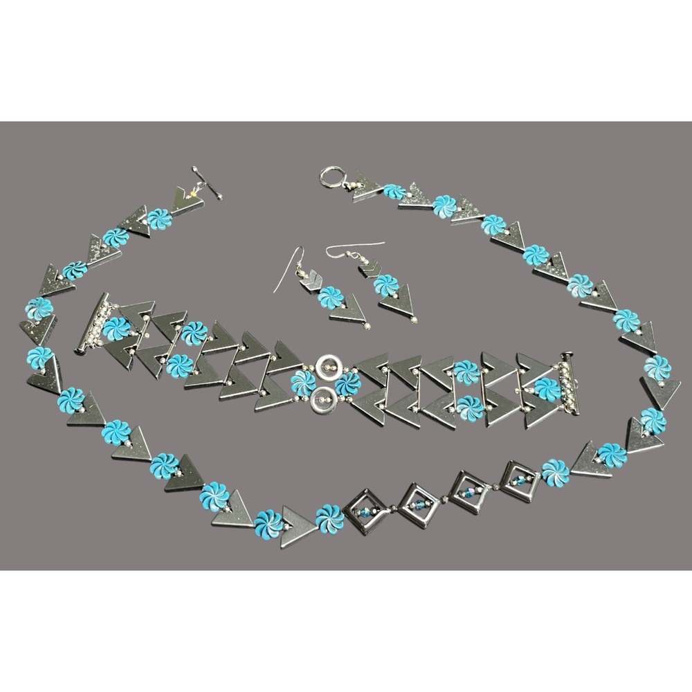 3-Pc Jewelry Set EARRINGS NECKLACE BRACELET Gunmetal Arrows TURQUOISE PINWHEELS